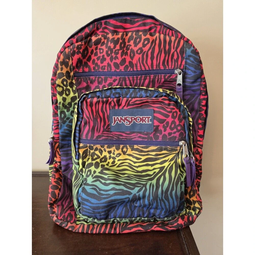 Vintage 90s Jansport Leopard and Zebra Print Backpack Multi Color 3 Zipper